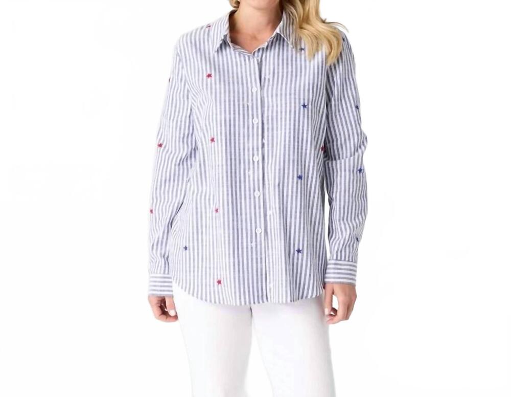 NEW COCO + CARMEN patriotic striped button up shirt in blue